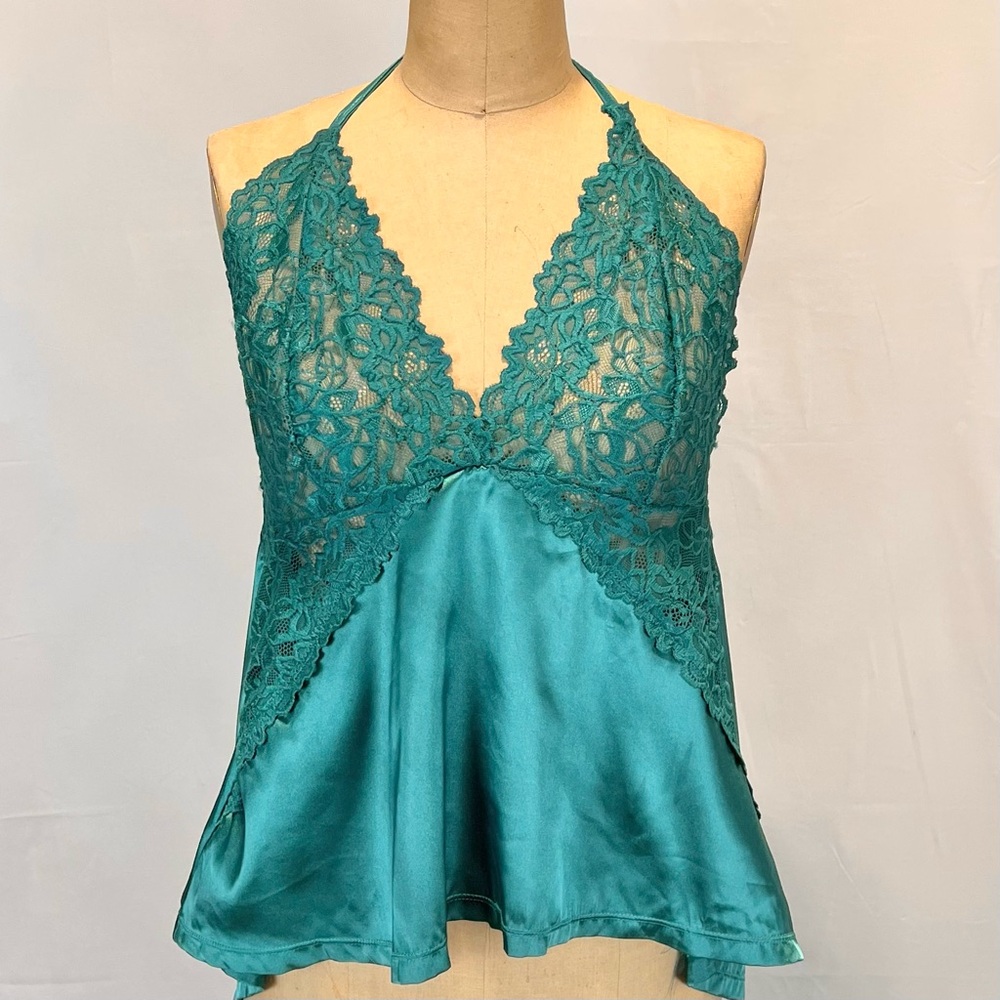 VINTAGE lace negligee nighty lingerie halter tank top teal camisole backless y2k - Picture 8 of 11